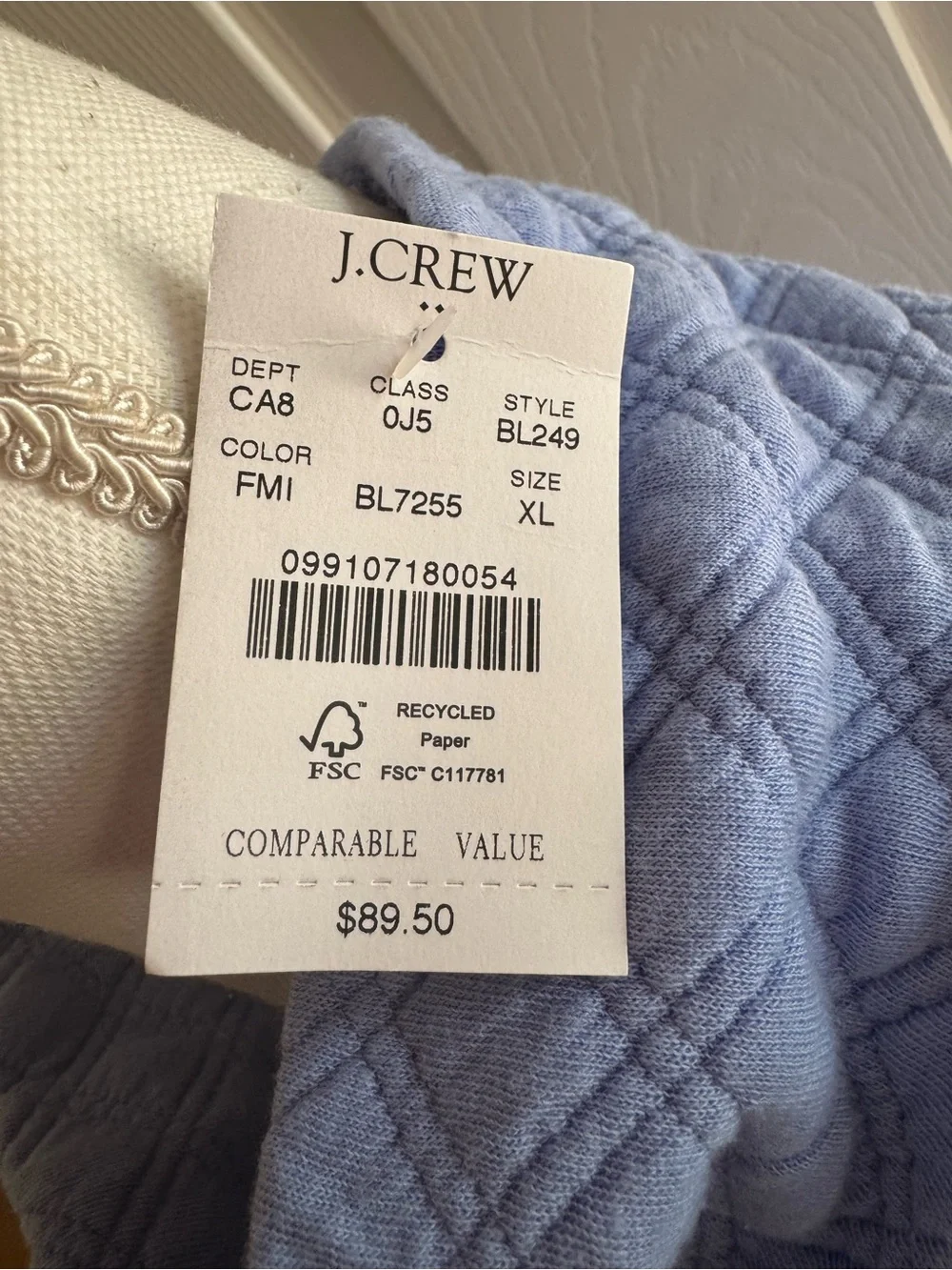J. Crew Quilted Mockneck Pullover in Fountain Mist Size XL NWT